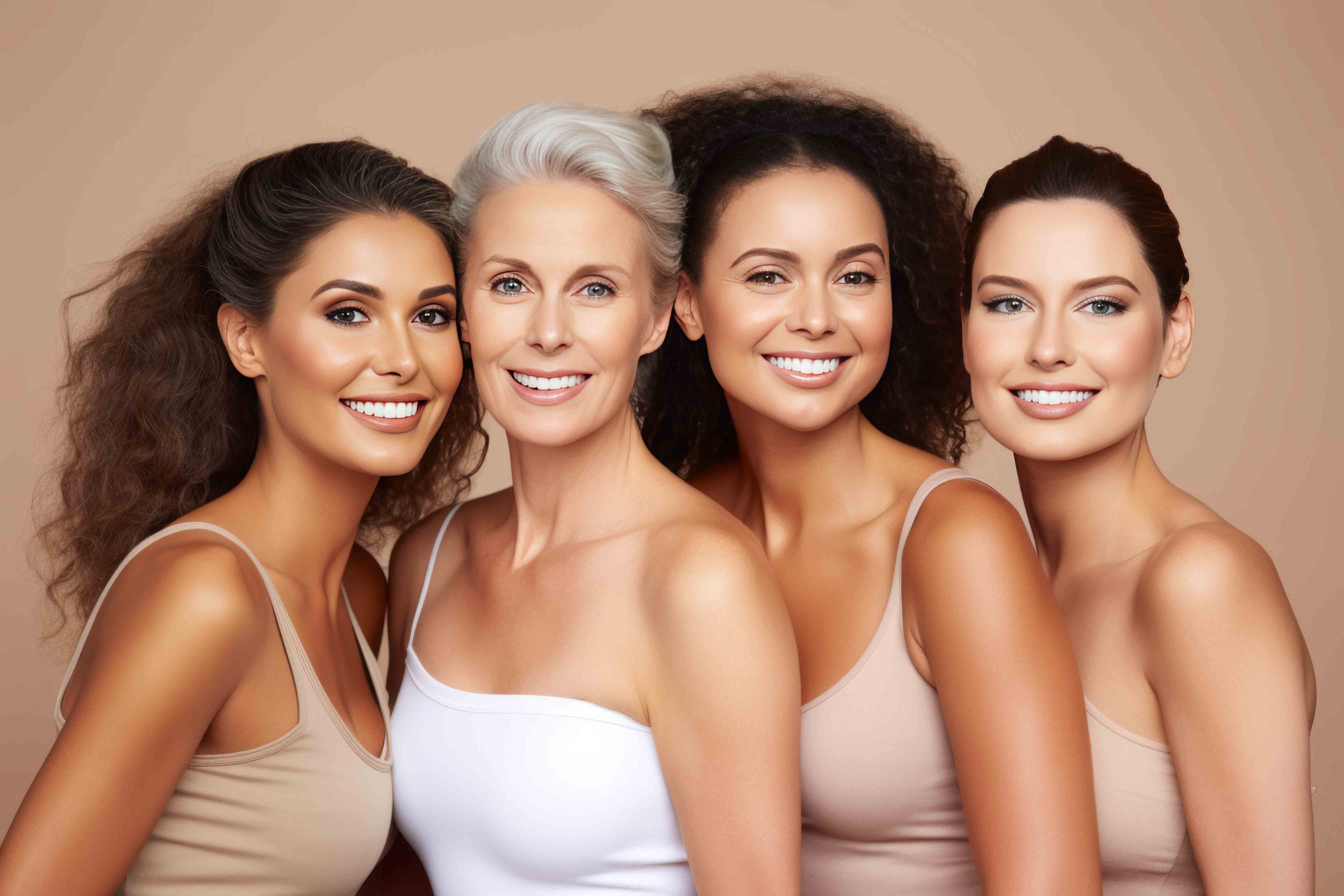 Beauty, diversity and portrait of women happy with makeup for cosmetic skincare isolated in studio brown background. Skin, aesthetic and young friends together for self care, dermatology and support